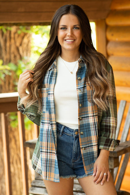 Green and Blue Multicolor Plaid Button Up Top - Filly Flair