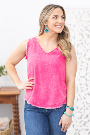 Hot Pink Washed Linen Frayed V-Neck Top