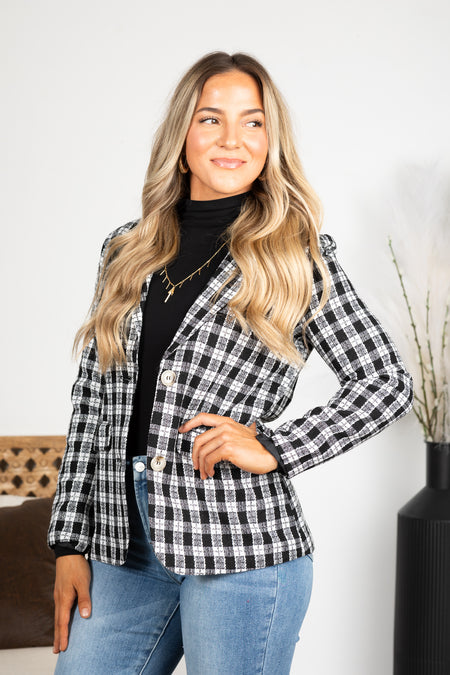 Black and White Plaid Pattern Tweed Blazer