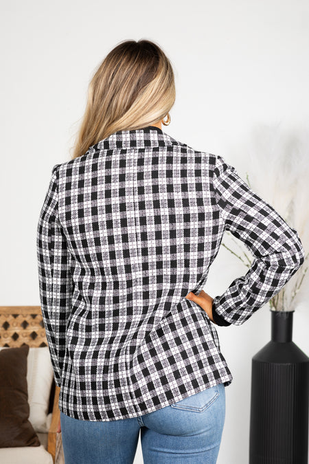 Black and White Plaid Pattern Tweed Blazer