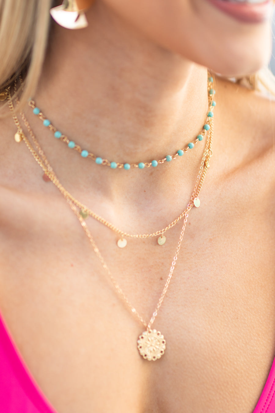 Gold And Aqua Disc Bead Charm Necklace