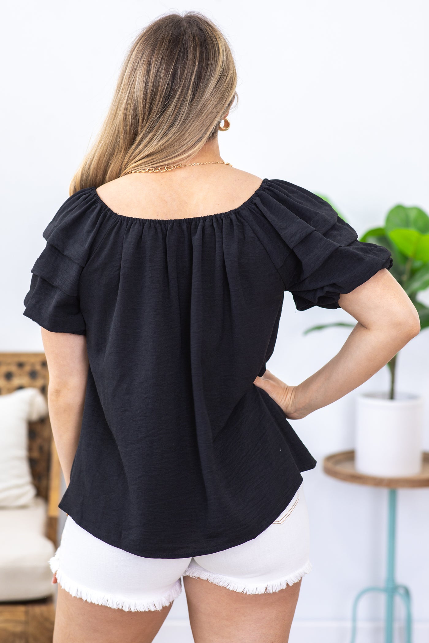 Black Tiered Puff Sleeve Woven Top