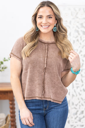 Brown Washed Stitch Detail Waffle Knit Top