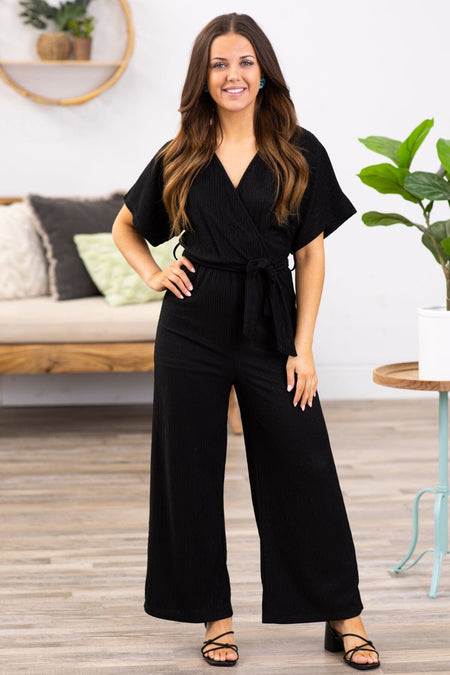 Black Surplice Front Self Tie Waist Jumpsuit - Filly Flair