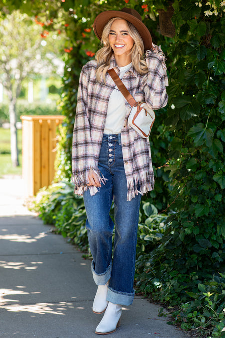 Tan Fringe Hem Plaid Shacket