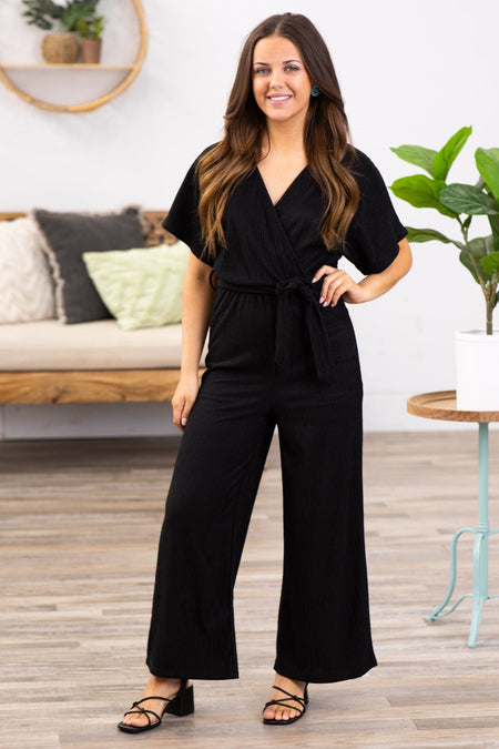 Black Surplice Front Self Tie Waist Jumpsuit - Filly Flair