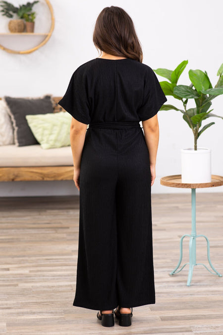 Black Surplice Front Self Tie Waist Jumpsuit - Filly Flair