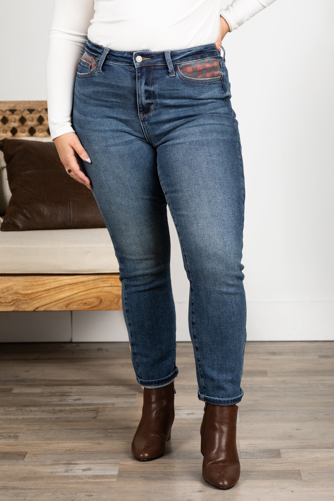 Judy Blue Medium Wash Plaid Patch Slim Jeans