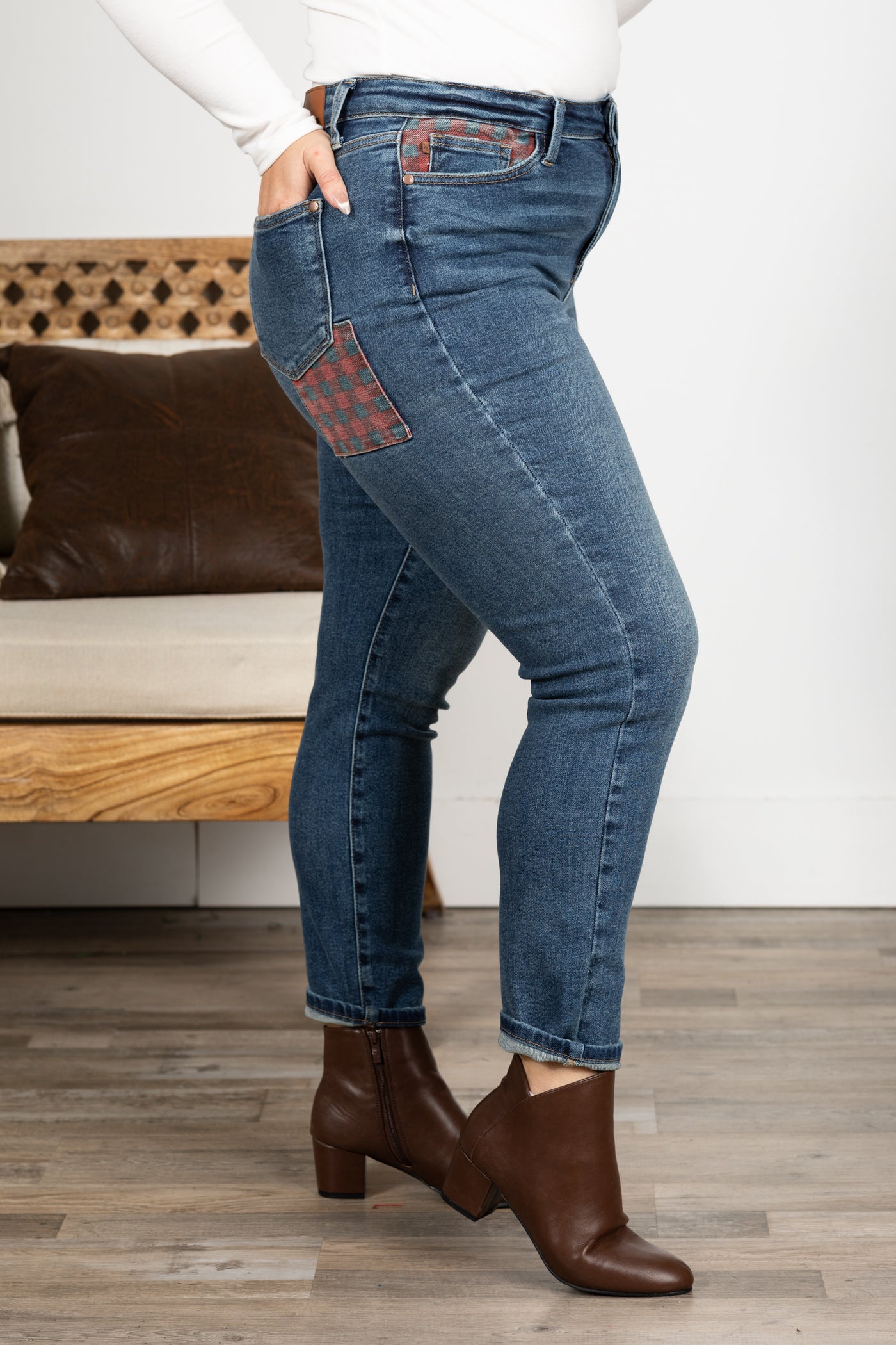 Judy Blue Medium Wash Plaid Patch Slim Jeans