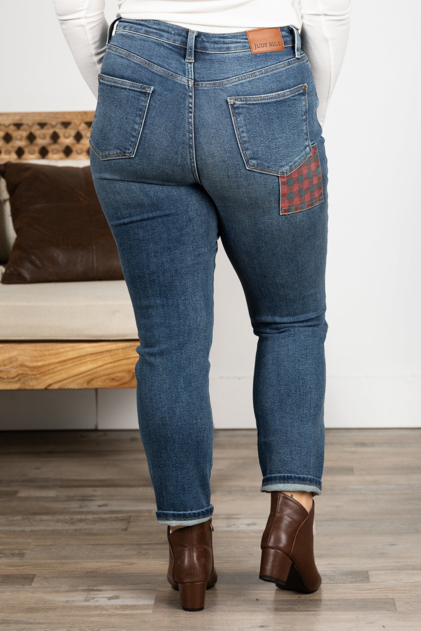 Judy Blue Medium Wash Plaid Patch Slim Jeans