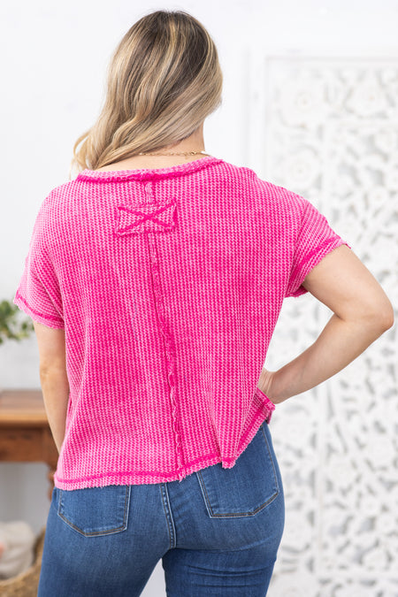 Fuchsia Washed Stitch Detail Waffle Knit Top