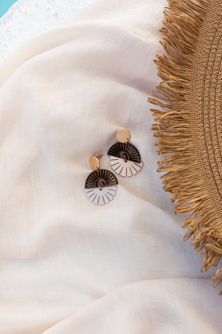 Gold and Brown Wood Double Fan Shaped Earrings