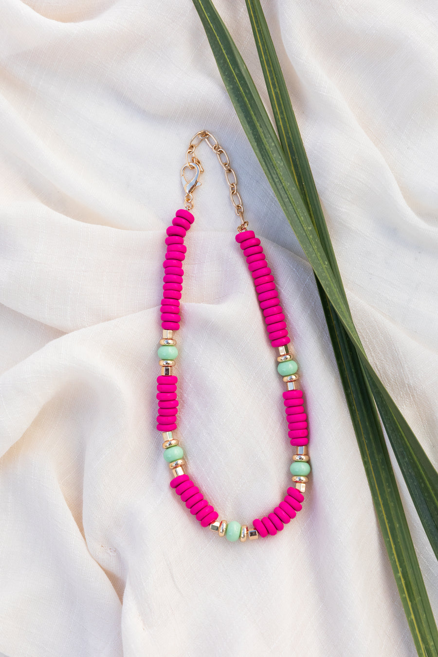 Hot Pink Wood Bead And Mint Necklace