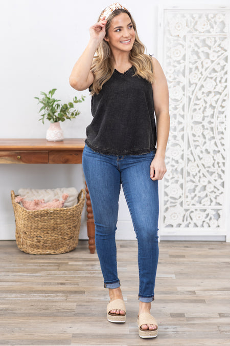 Black Washed Linen Frayed V-Neck Top