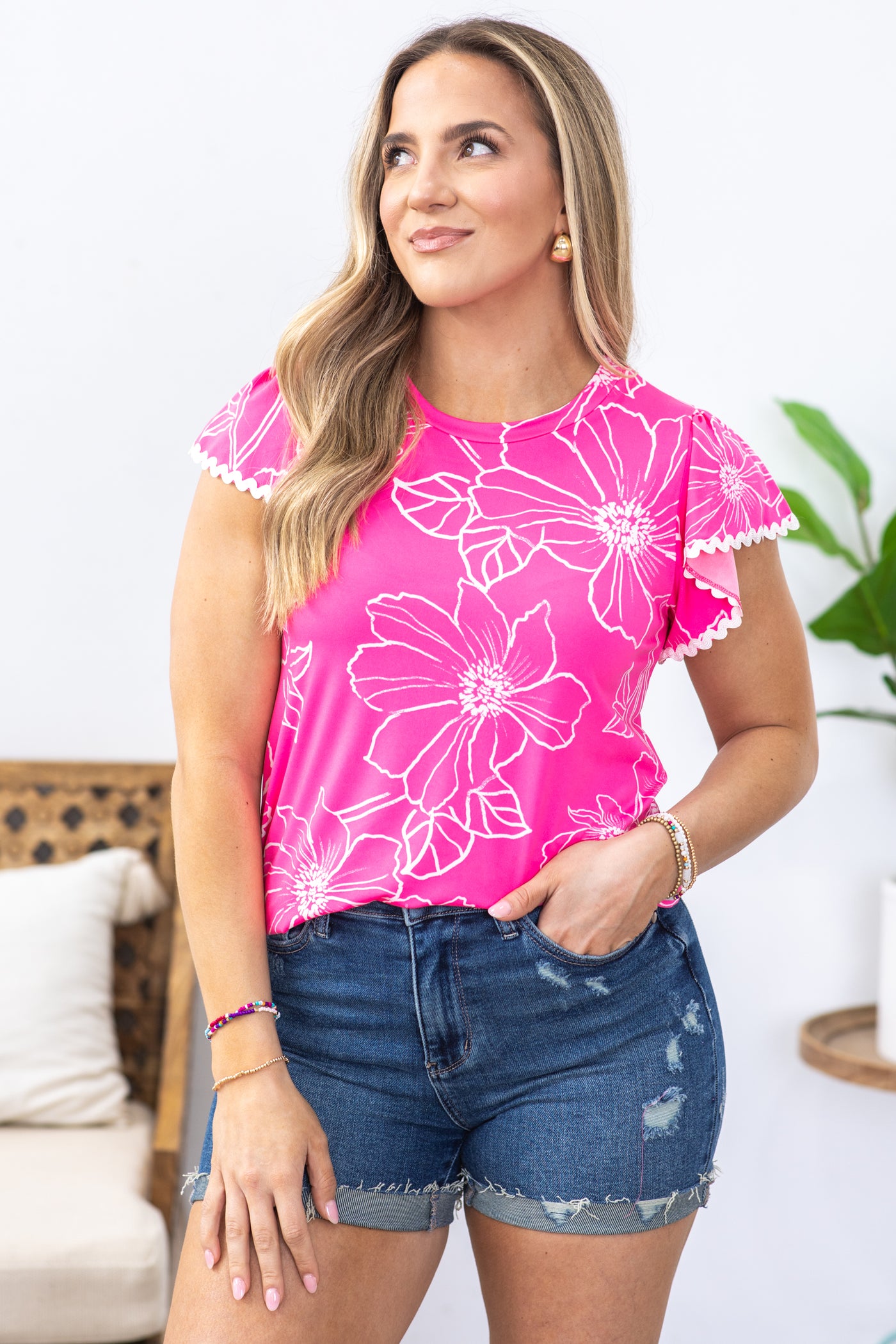 Pink Floral Print Trim Detail Top