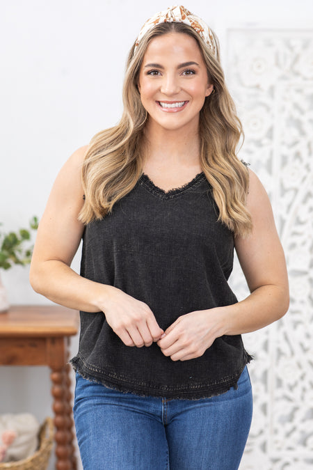 Black Washed Linen Frayed V-Neck Top