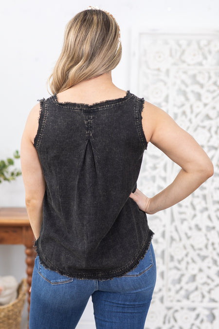 Black Washed Linen Frayed V-Neck Top