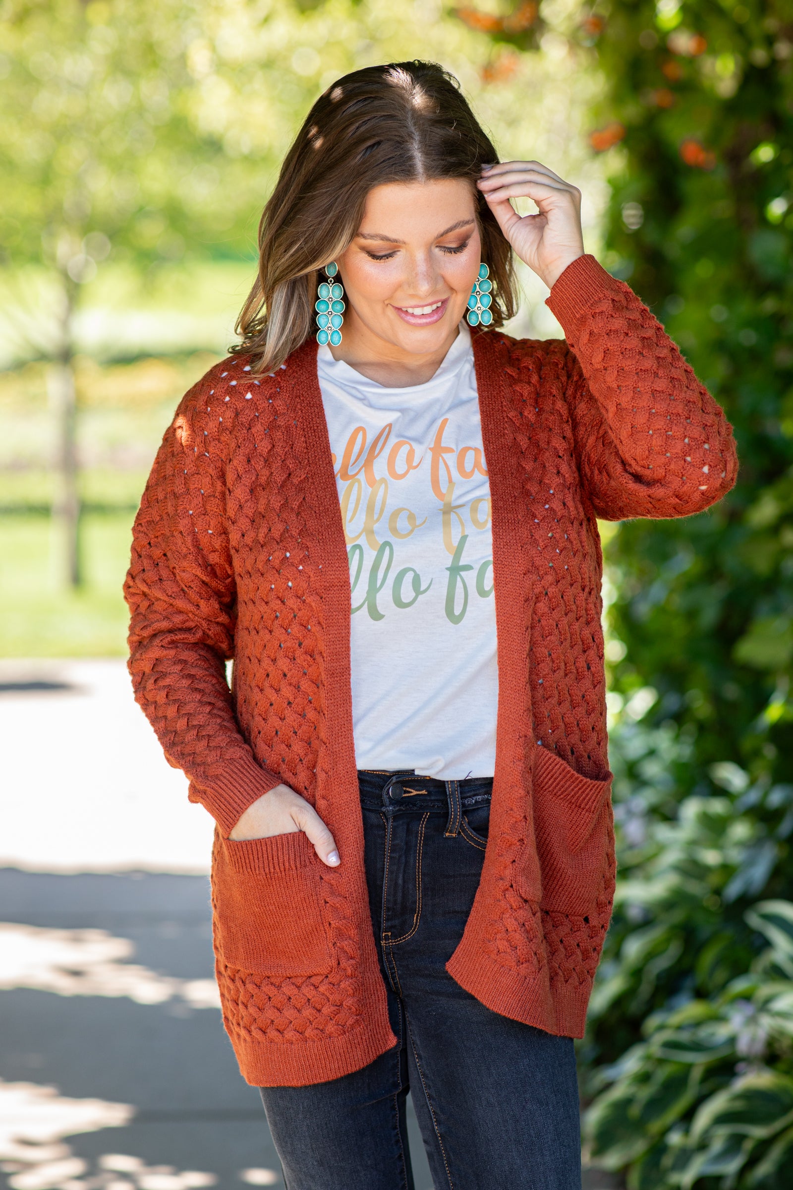 Burnt Orange Textured Knit Mid Length Cardigan Filly Flair