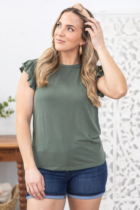 Olive Smocked Ruffle Sleeve Knit Top