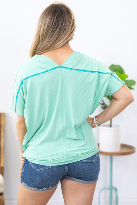 Mint V-Neck Rib Exposed Seam Knit Top