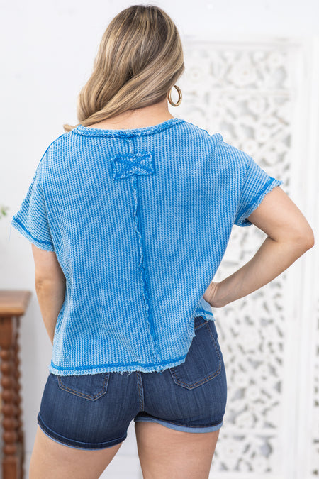 Blue Washed Stitch Detail Waffle Knit Top