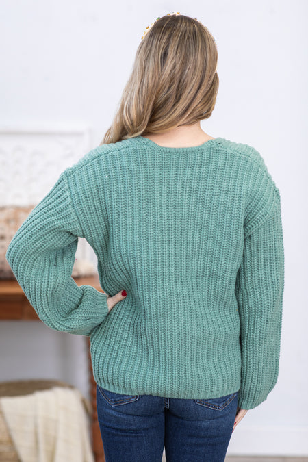 Sage Ribbed V-Neck Chunky Sweater