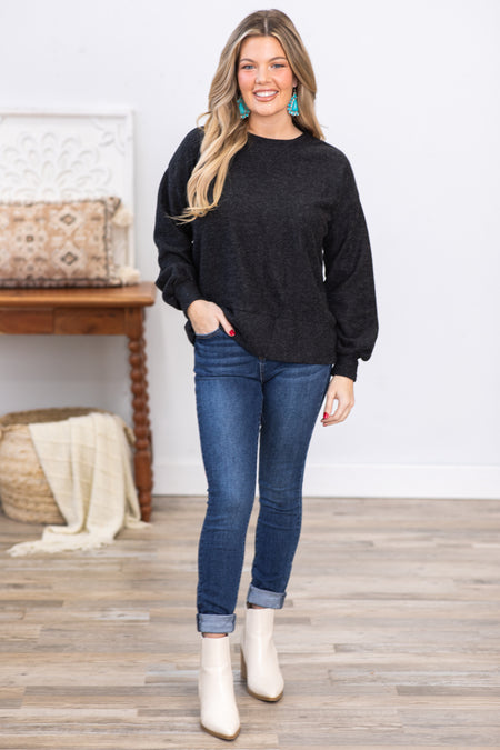 Charocal Long Sleeve Contrast Rib Knit Top