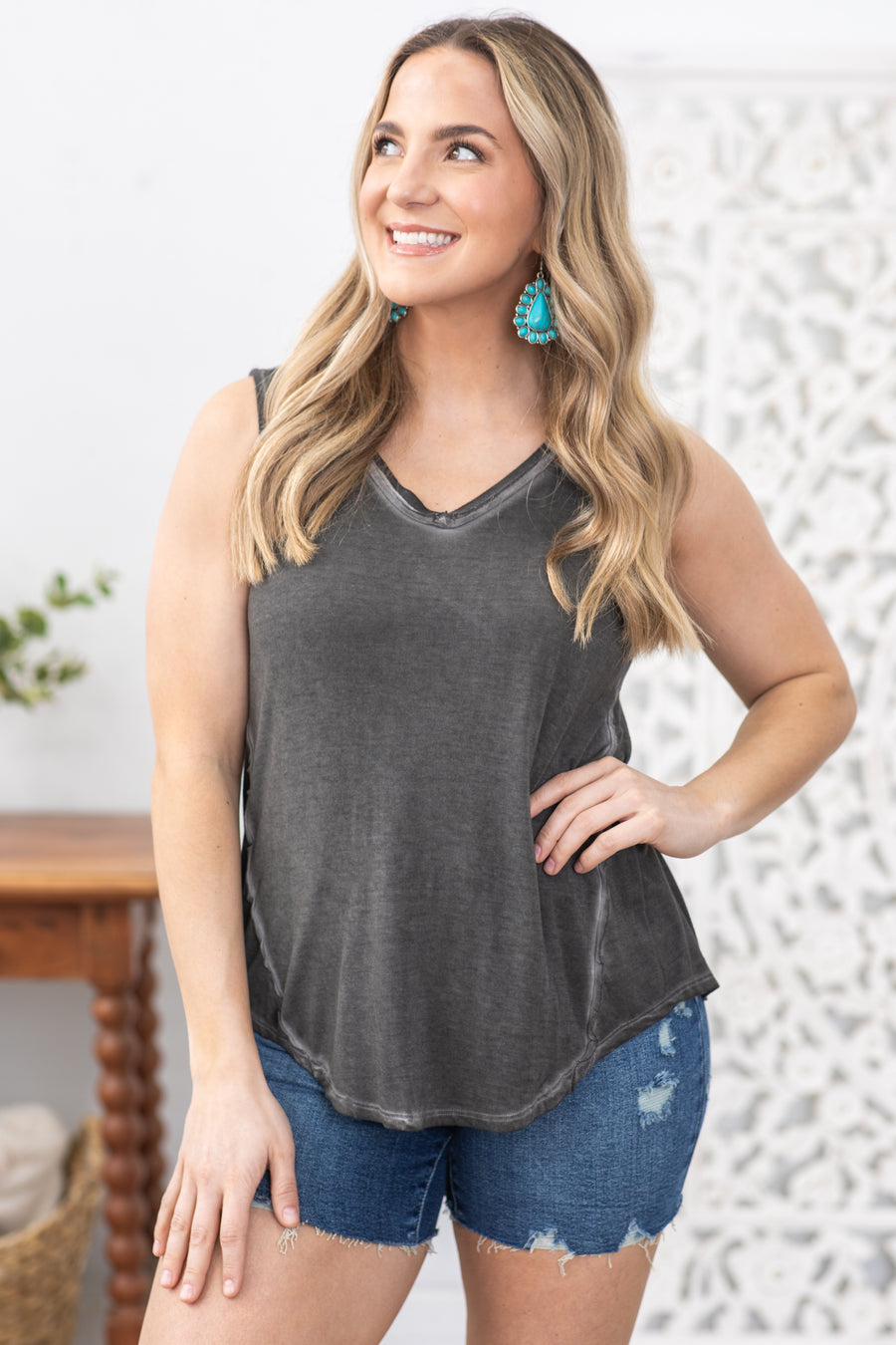 Charcoal Washed V-Neck Tank