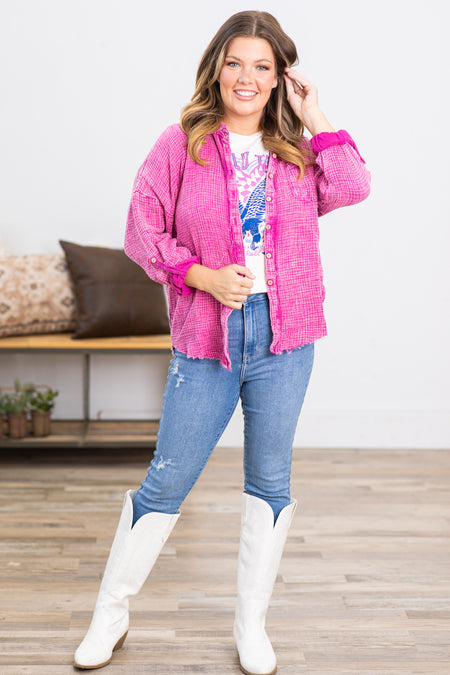 Fuchsia Washed Gauze Button Up Top