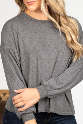 Grey Rhinestone Embellished Hacci Knit Top