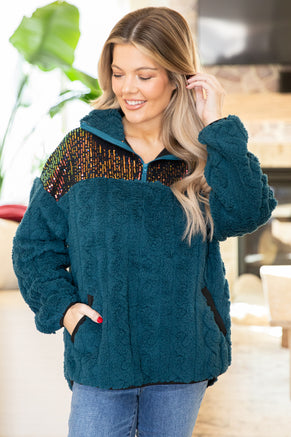 Teal Faux Fur Cable Pullover With Sequins