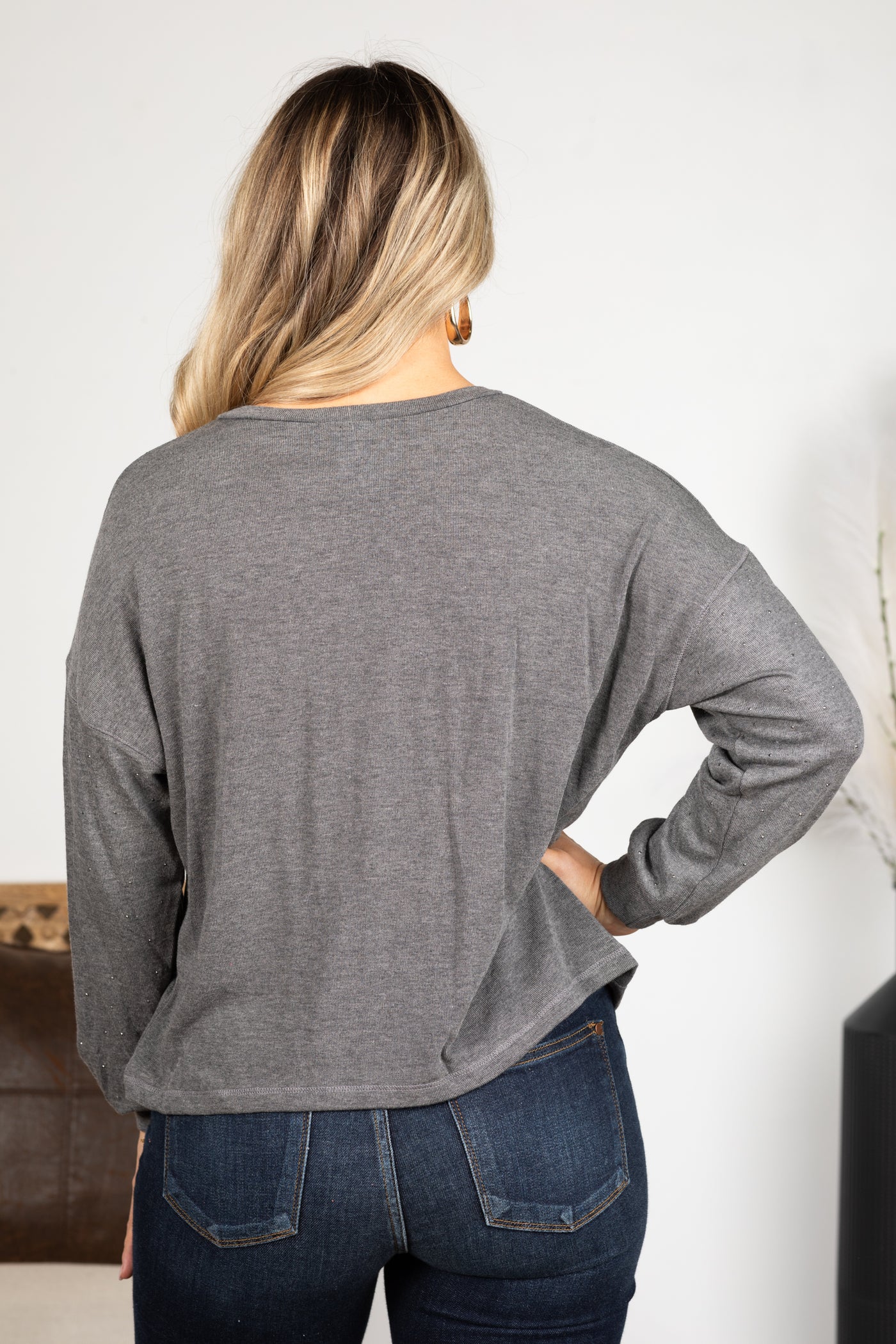 Grey Rhinestone Embellished Hacci Knit Top