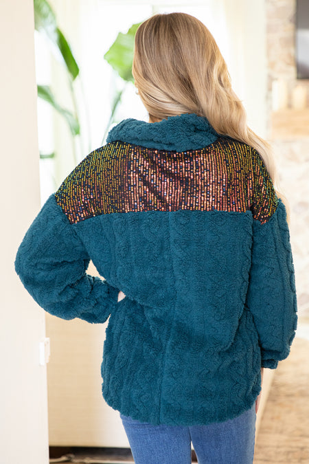 Teal Faux Fur Cable Pullover With Sequins