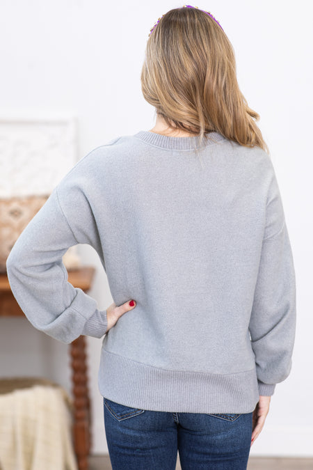 Grey Long Sleeve Contrast Rib Knit Top