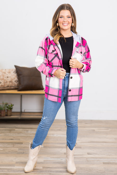 Hot Pink Plaid Fleece Shacket With Hood