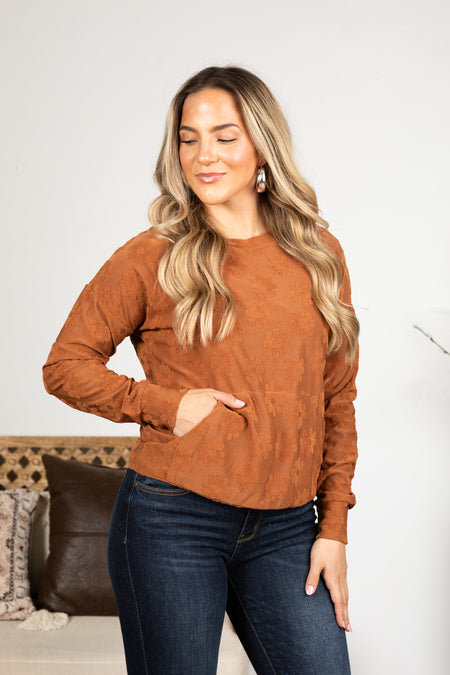 Brushed Floral Textured Long Sleeve Knit Top