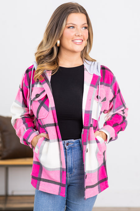 Hot Pink Plaid Fleece Shacket With Hood