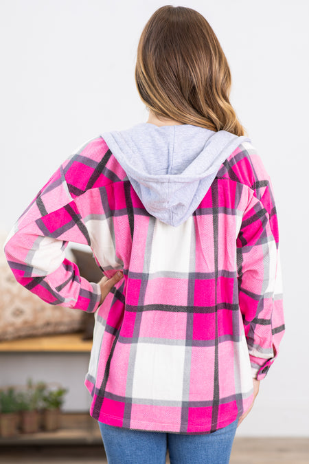 Hot Pink Plaid Fleece Shacket With Hood