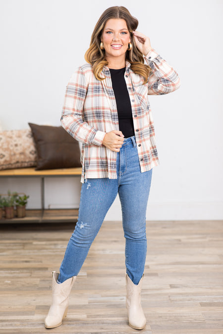 Ivory and Crimson Plaid Roll Sleeve Button Up