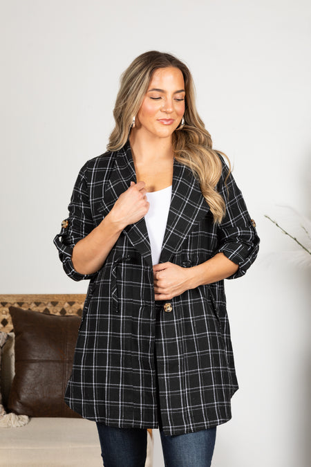 Black Plaid Rounded Hem Anorak Jacket