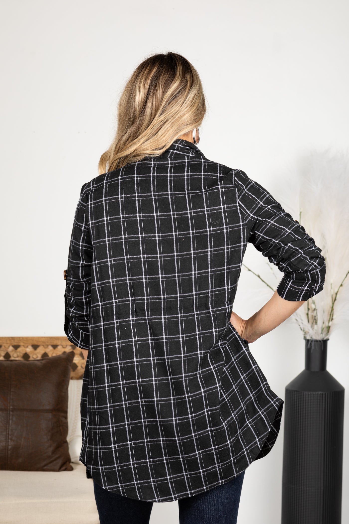 Black Plaid Rounded Hem Anorak Jacket