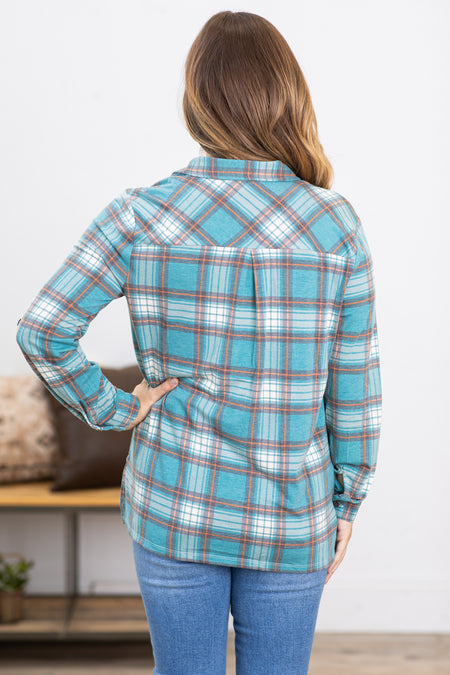 Teal and Orange Plaid Roll Sleeve Button Up