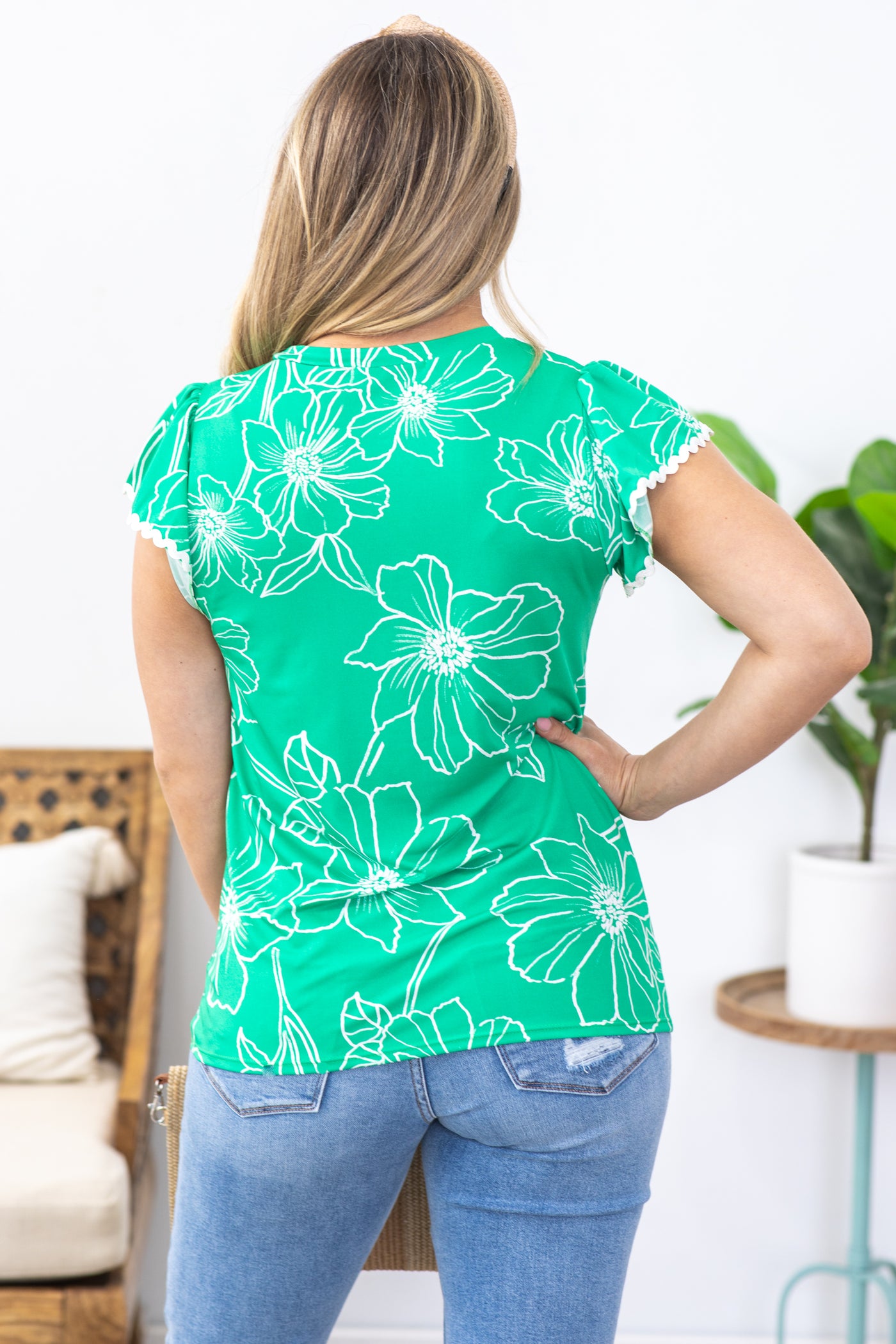 Green Floral Print Trim Detail Top