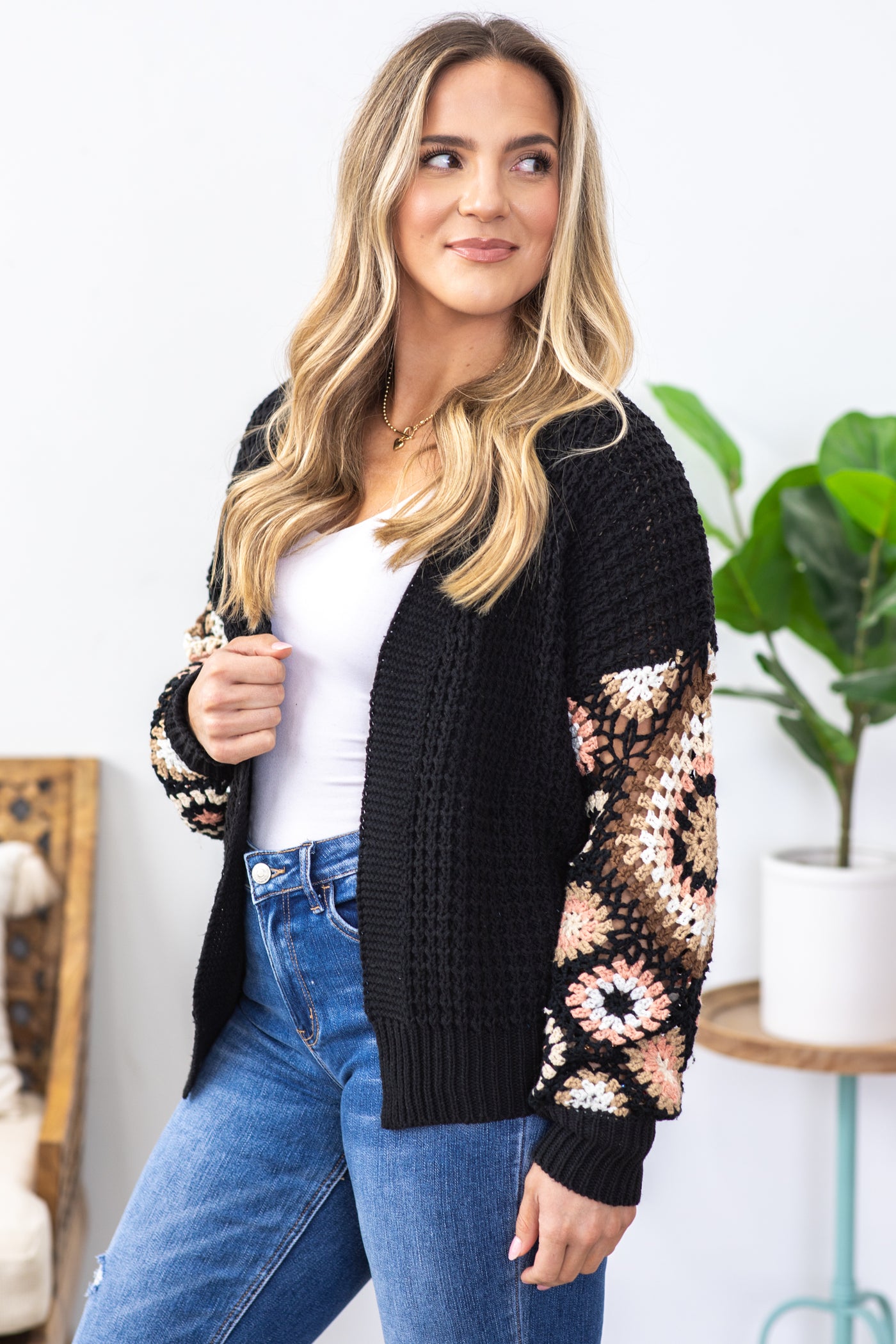 Black And Mocha Sleeve Crochet Cardigan