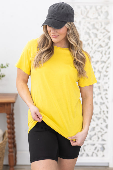 Yellow Cotton Boyfriend Round Neck Tee