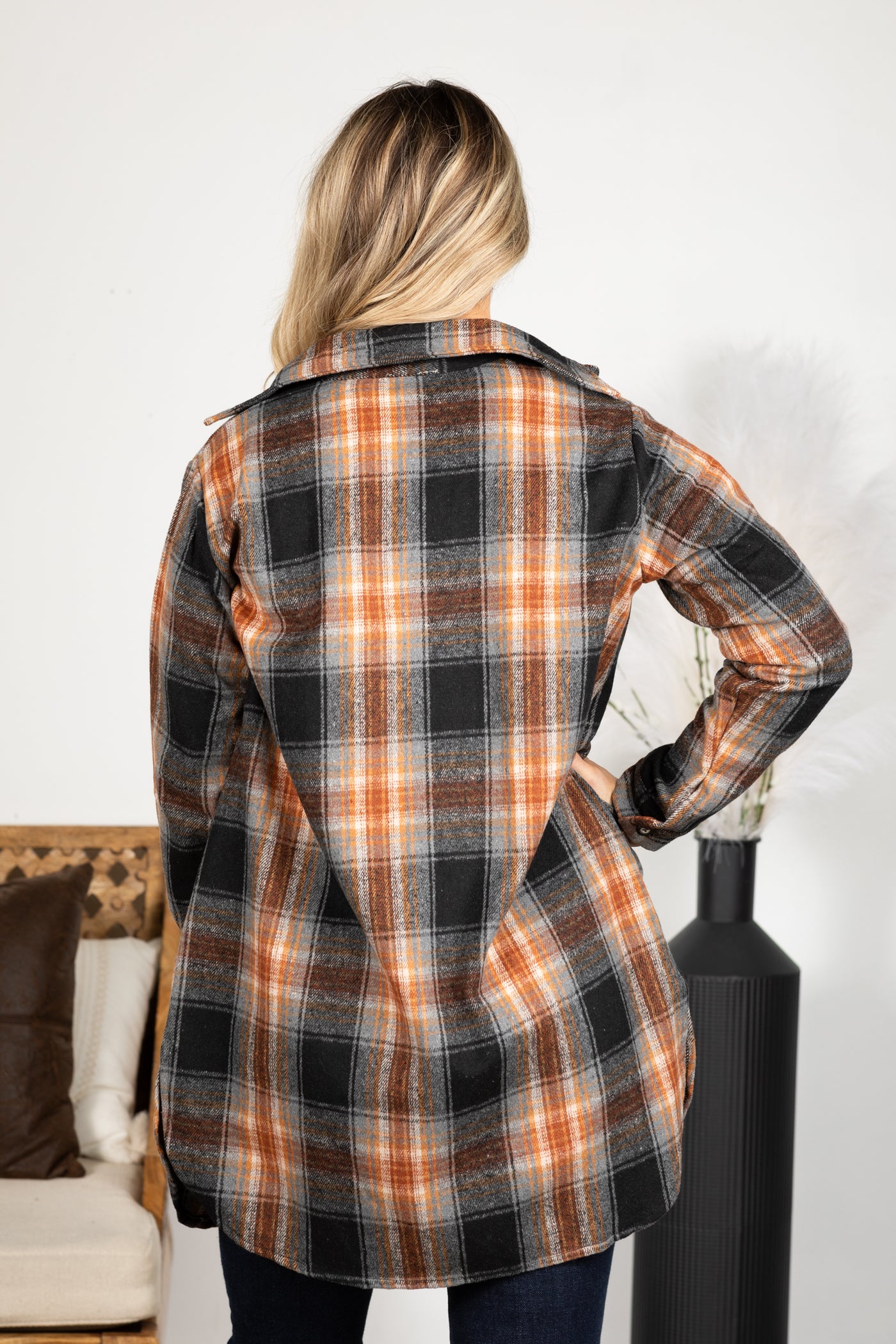 Black Button Down Long Flannel Shacket