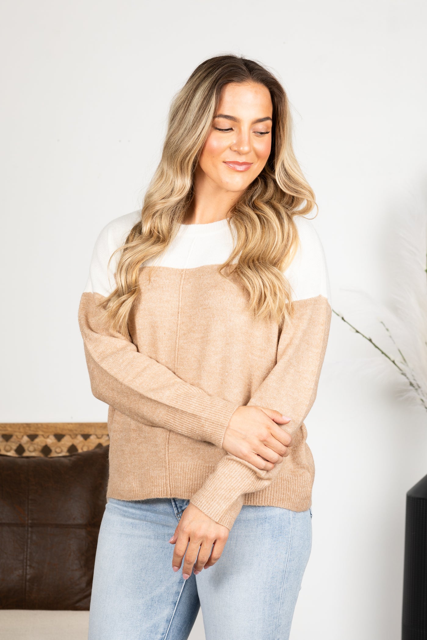 Taupe and Off White Long Sleeve Knit Sweater Top