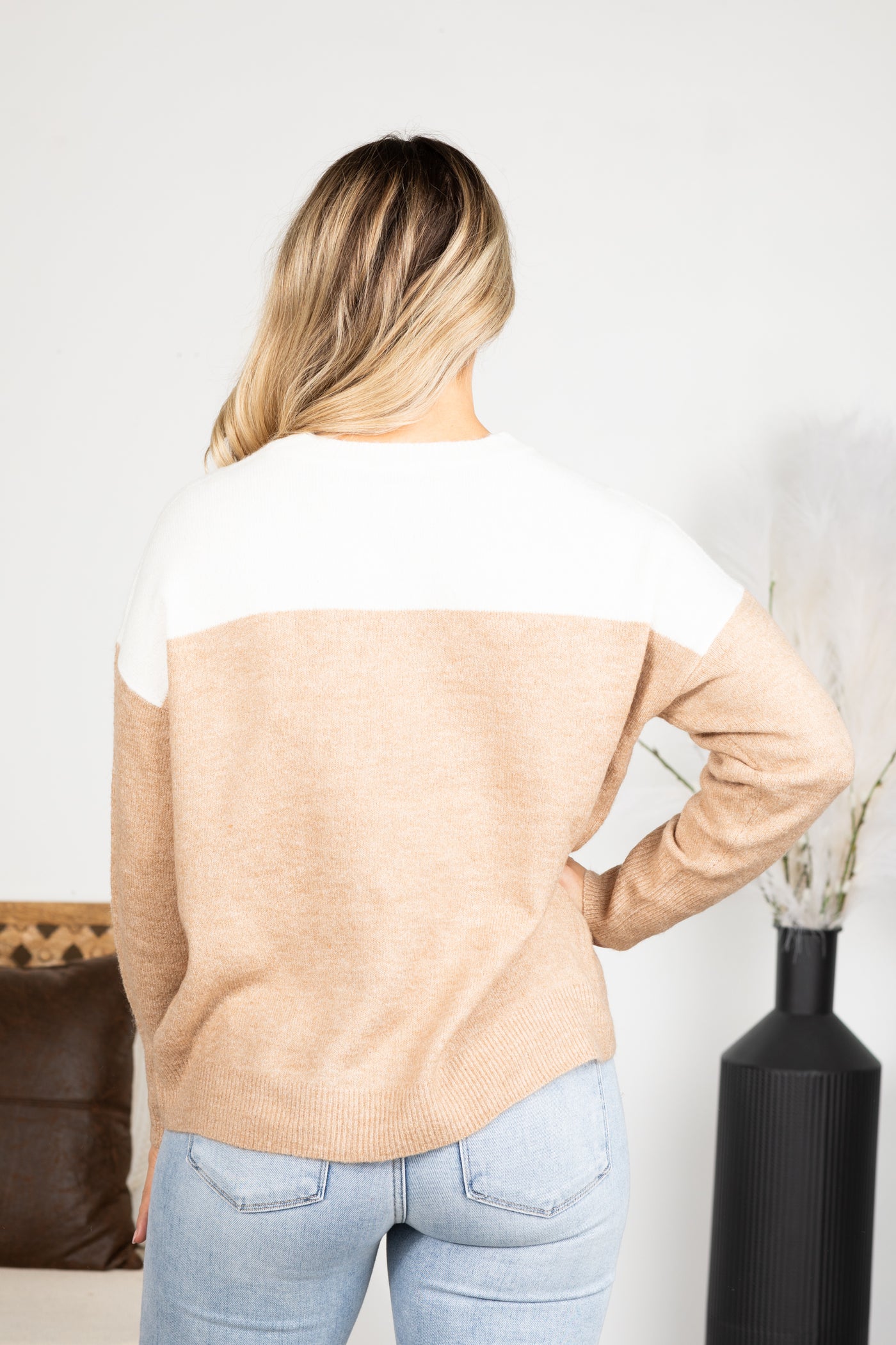 Taupe and Off White Long Sleeve Knit Sweater Top