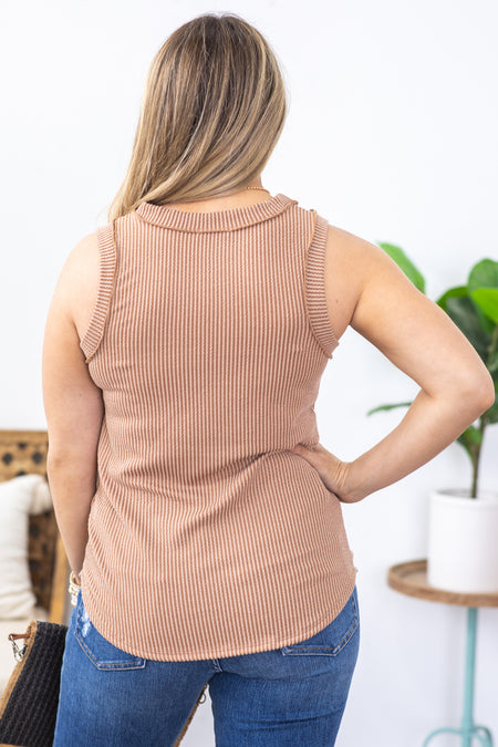 Taupe Sleeveless Solid Ribbed Knit Tank