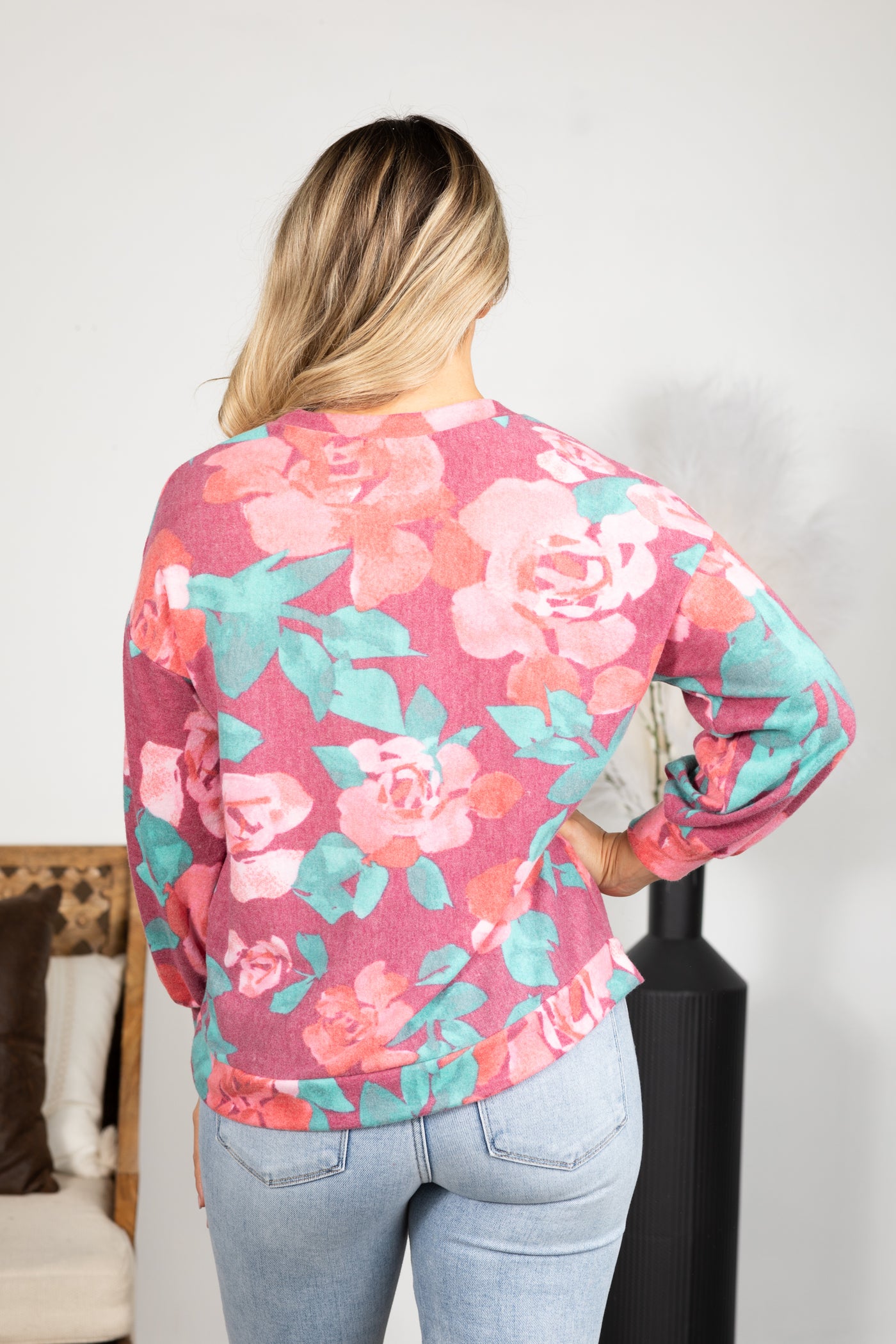 Drop Shoulder Brushed Floral Hacci Knit Top